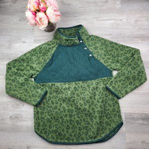 J. Crew Quilted Sherpa Button Neck Tunic Loden Green Leopard Print Small New